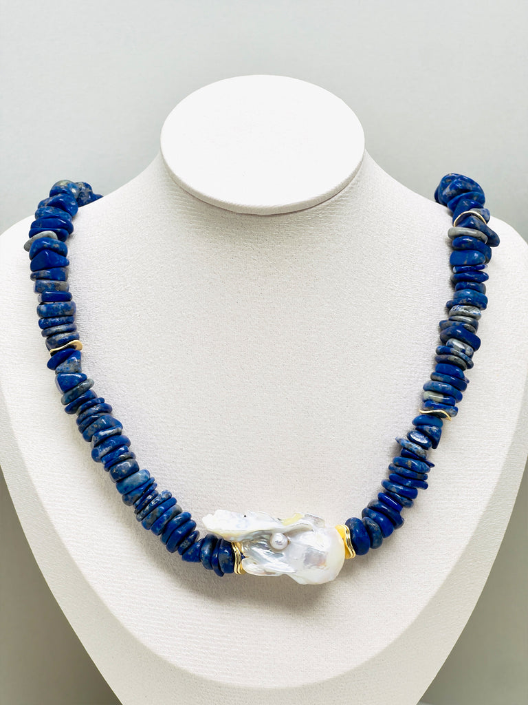 Natural Stone Lapis Lazuli Chocker Freshwater Baroque Pearl Necklace | SAWUBONA - POPBAE