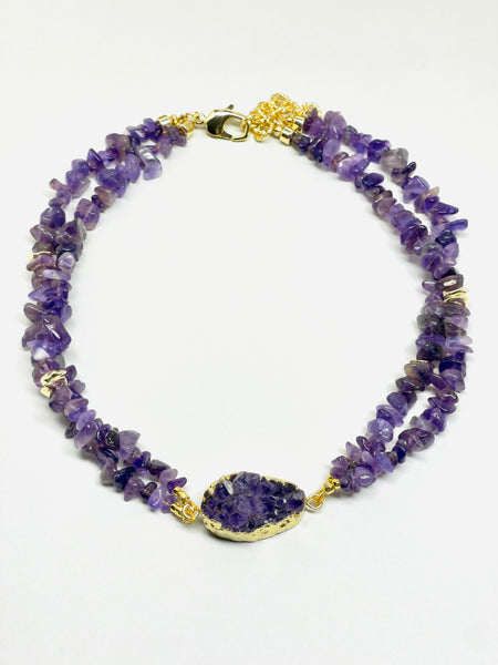 Handmade Natural Purple Crystal Choker Double Layer Amethyst Necklace | SAWUBONA - POPBAE