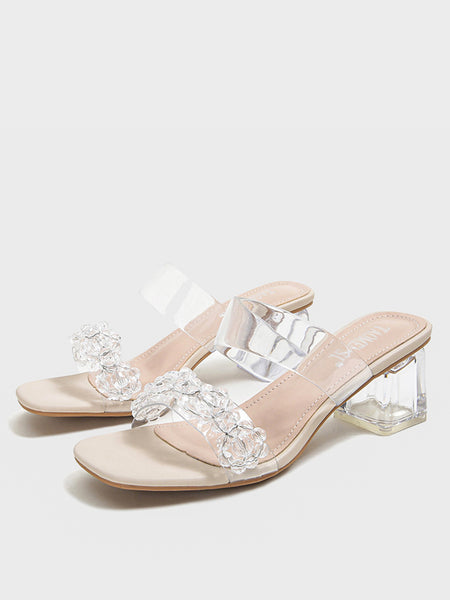 Beaded Clear Block Heeled Sandals - POPBAE