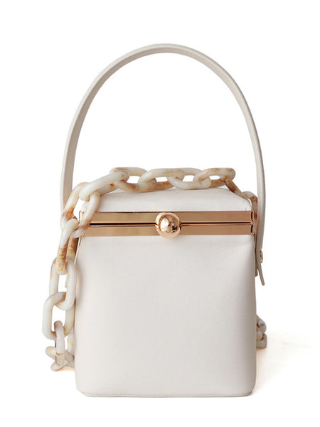 Top Handle Box Bag Chunky Chain Leather Open-top Clip Clutch Mini Bucket Bag - POPBAE