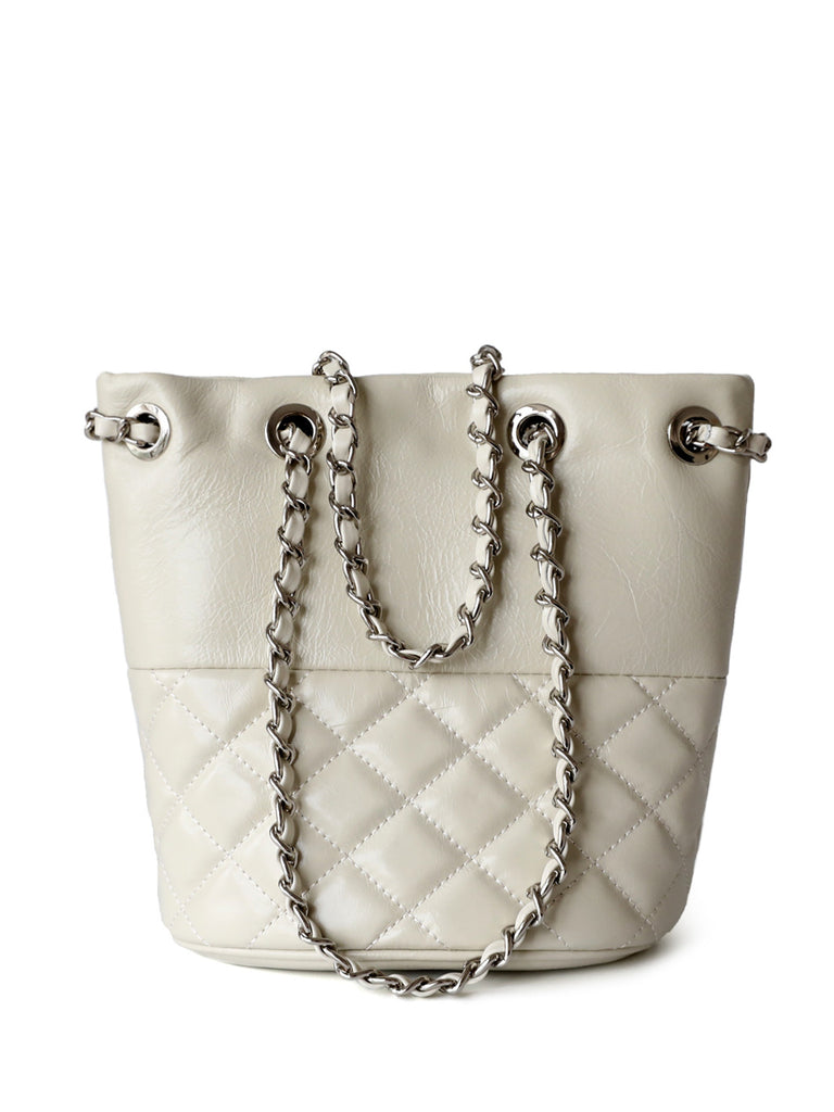 Silver Chain Strap Calfskin Lattice Shoulder Bag Diamond-Quilted Tote Bag, Silver