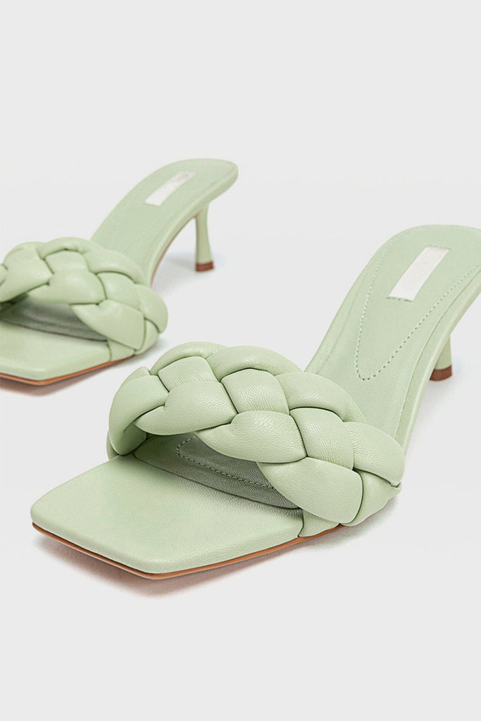 Women's Wide Fit Square Peep Toe Mules Chunky Braid Heels  Padded Kitten Sandal In Nude - POPBAE
