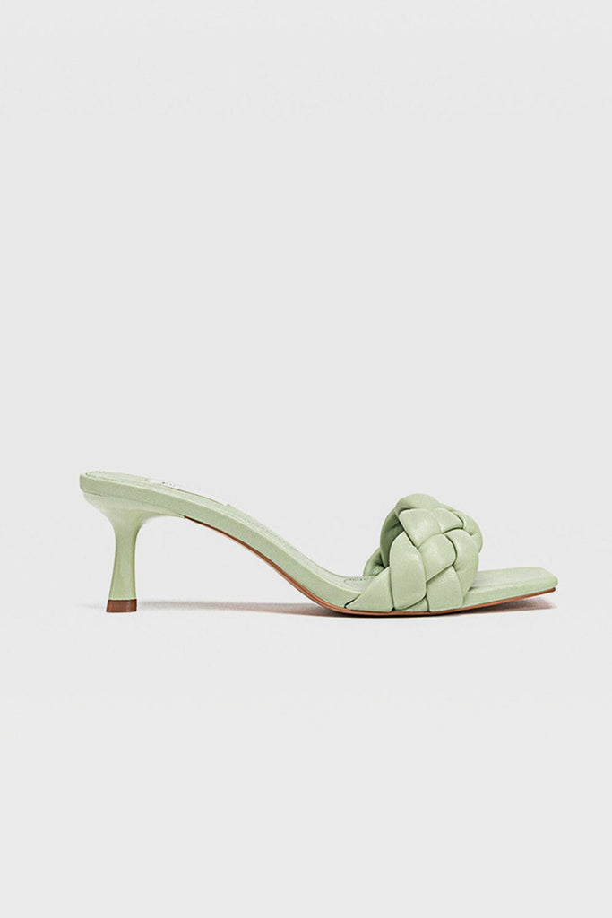 Women's Wide Fit Square Peep Toe Mules Chunky Braid Heels  Padded Kitten Sandal In Nude - POPBAE