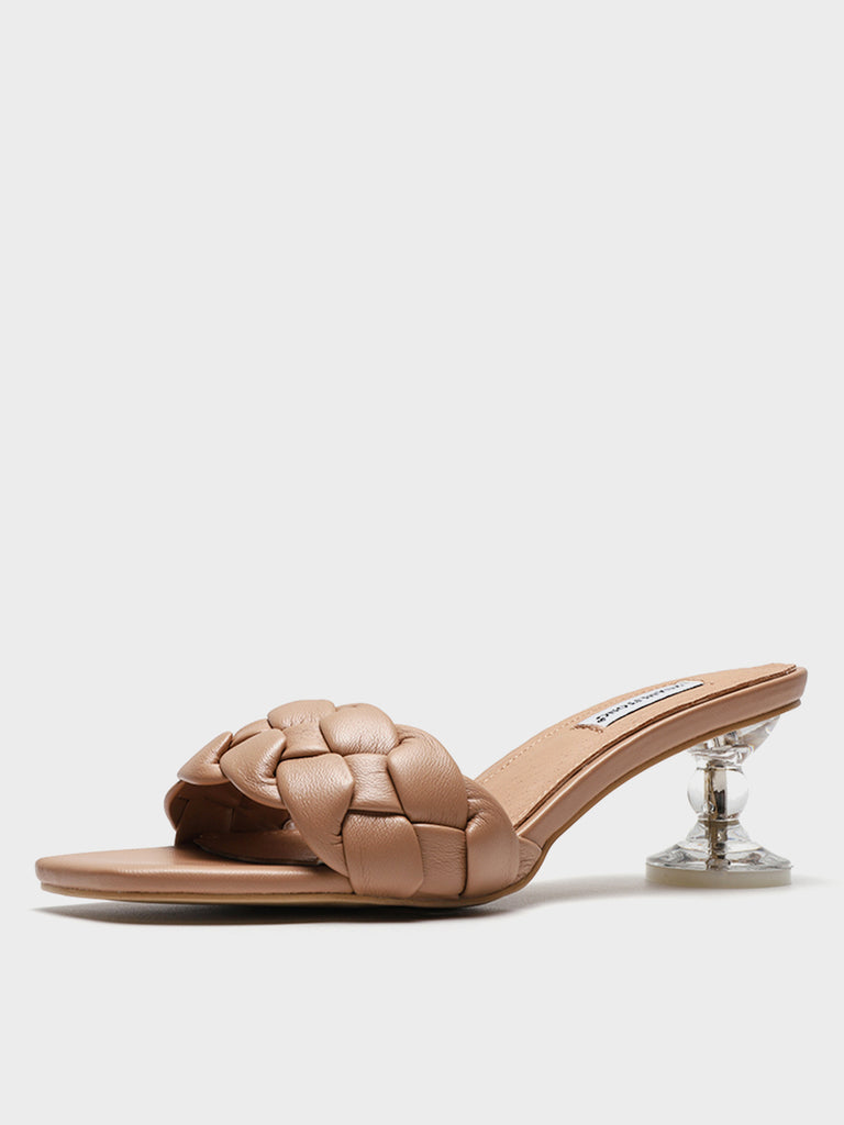 Square Peep Toe Padded Mules Chunky Braid Heels Clear Kitten Heeled Sandal - POPBAE