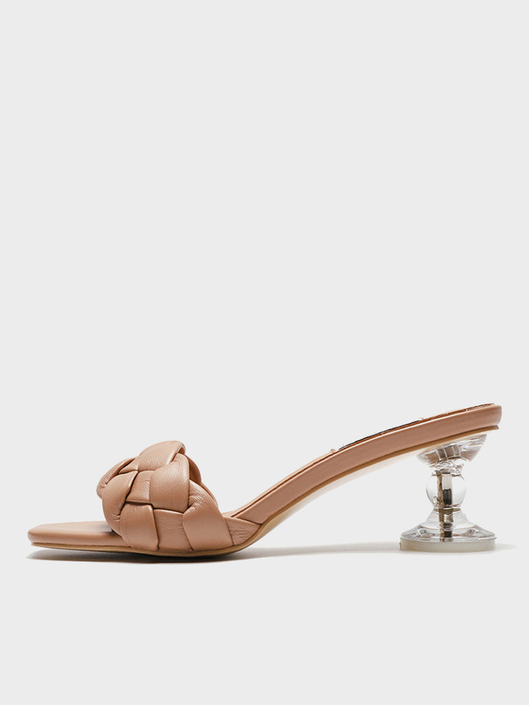 Square Peep Toe Padded Mules Chunky Braid Heels Clear Kitten Heeled Sandal - POPBAE