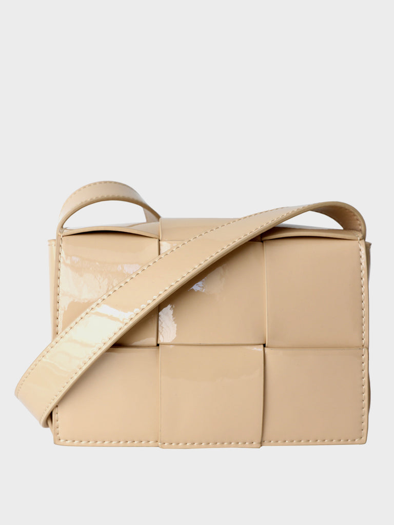 Mini Square Padded Cassette Bag Woven Patent Leather Shoulder Bag Crossbody Handbag, Chocolate