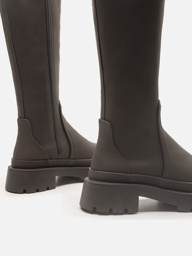 Women's Mid-block Round Toe Chunky Sole Rubberized Flatform Boots Zip Closure - POPBAE