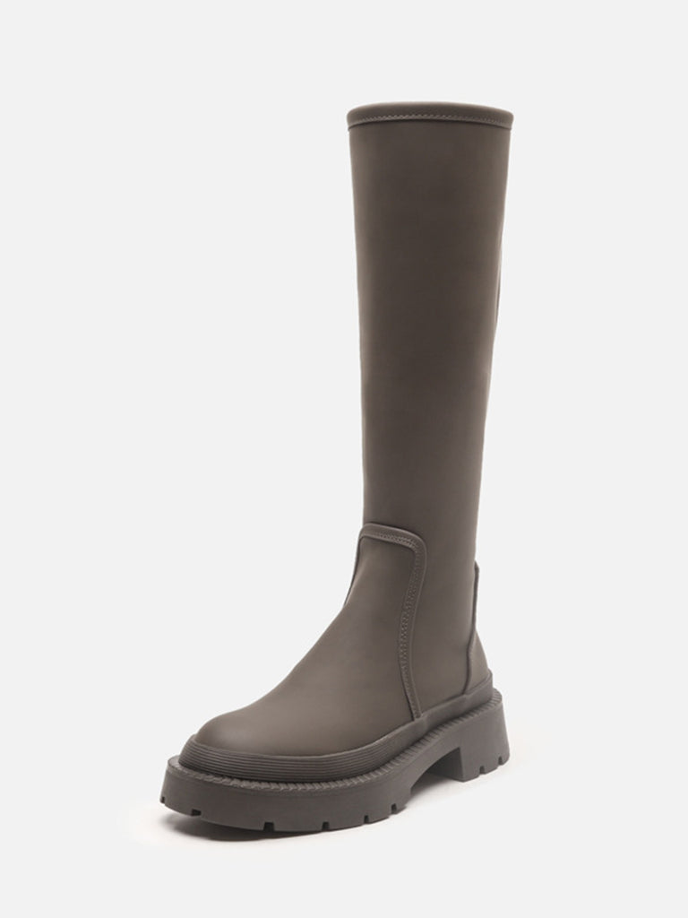 Women's Mid-block Round Toe Chunky Sole Rubberized Flatform Boots Zip Closure - POPBAE