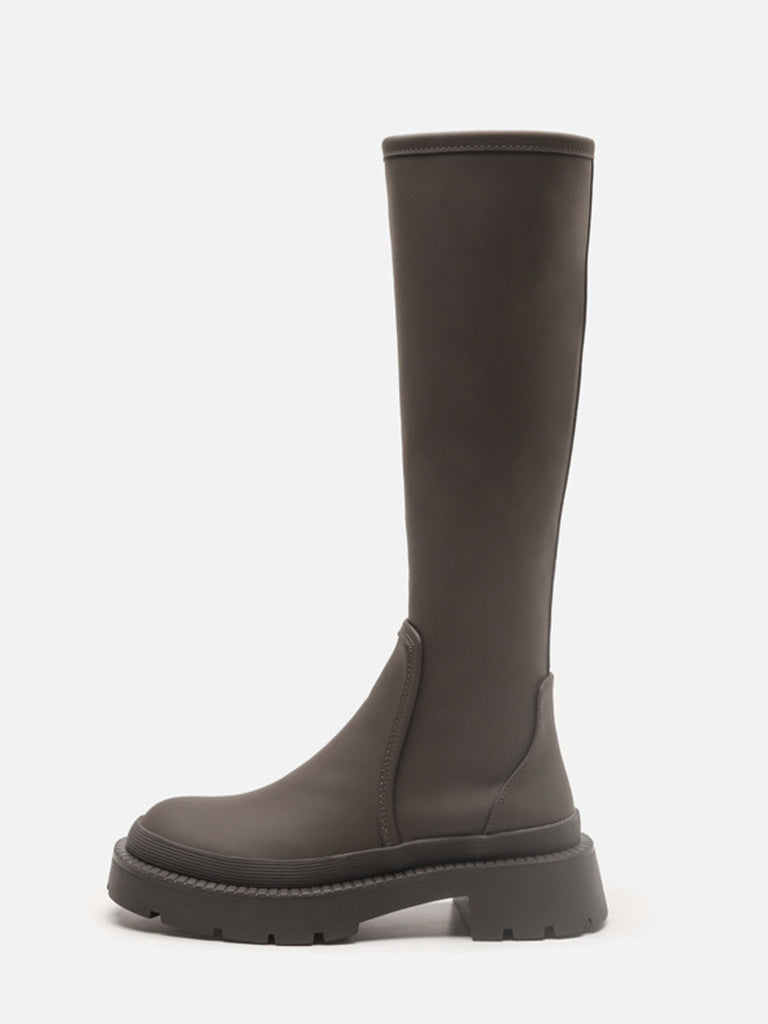 Women's Mid-block Round Toe Chunky Sole Rubberized Flatform Boots Zip Closure - POPBAE