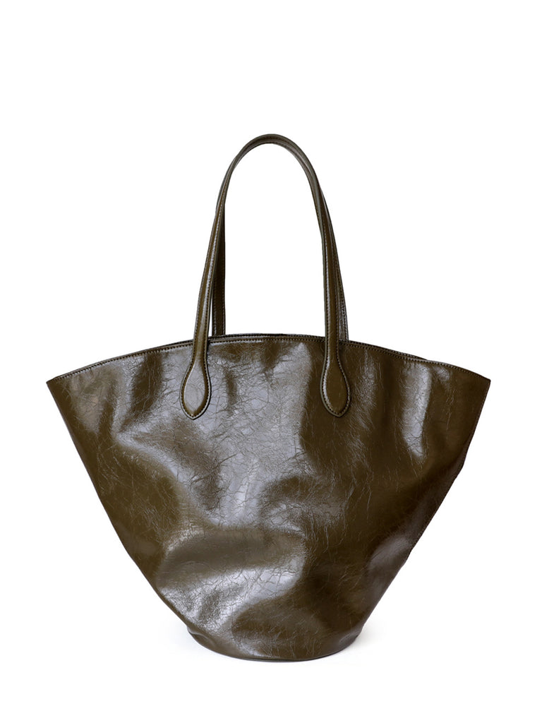 Wax Leather Tote Bag Top-handle Round Bottom Shoulder Bag - POPBAE