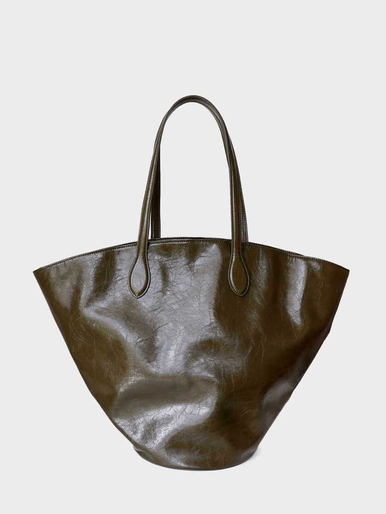 Wax Leather Tote Bag Top-handle Round Bottom Shoulder Bag - POPBAE