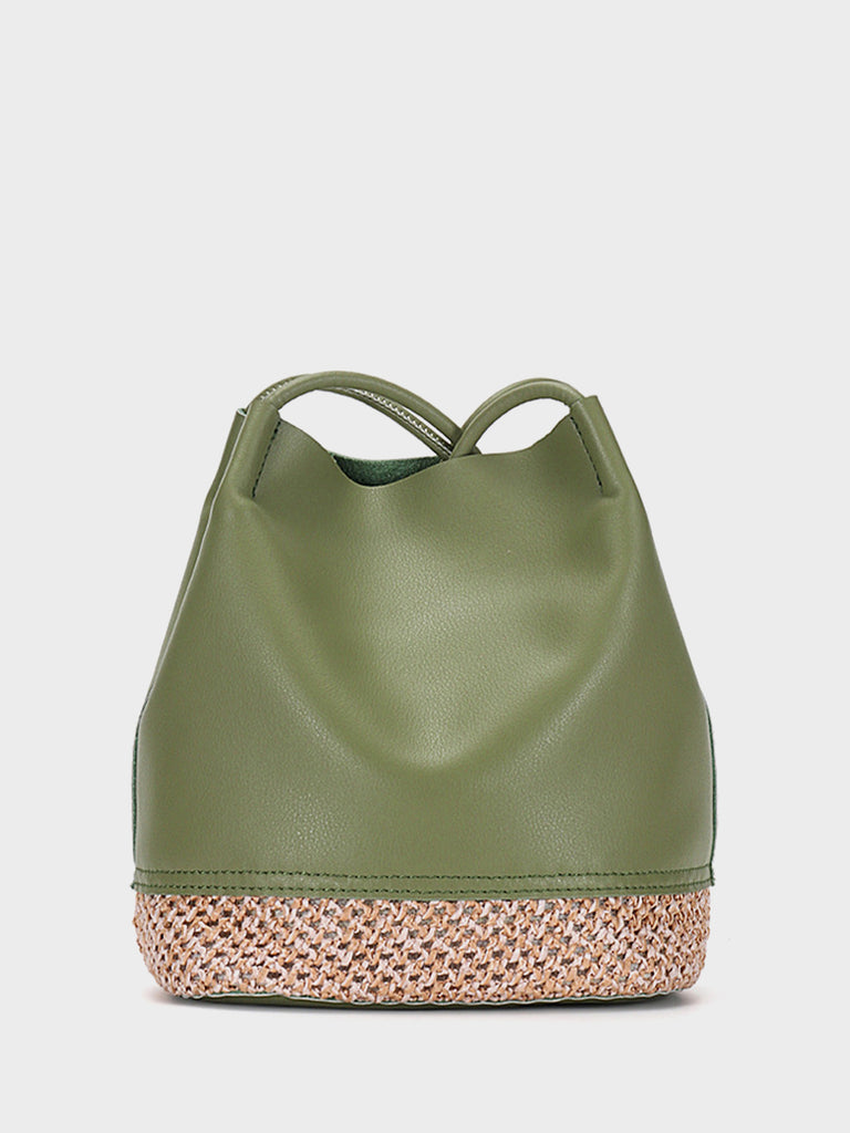 Leather Bucket Shoulder Bag Straw Braided Basket Bag Open-top Tote Bag - POPBAE