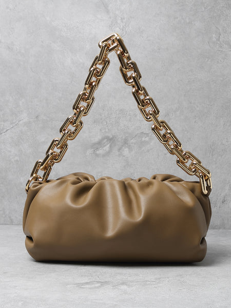 Women's Cloud Clutch Shoulder Bag Ruched Pouch Golden Chunky Chain Bag - POPBAE