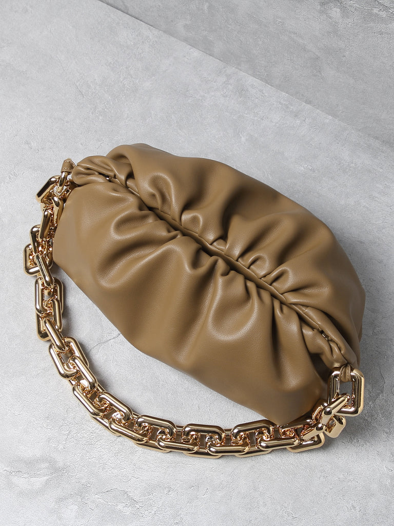 Women's Cloud Clutch Shoulder Bag Ruched Pouch Golden Chunky Chain Bag - POPBAE