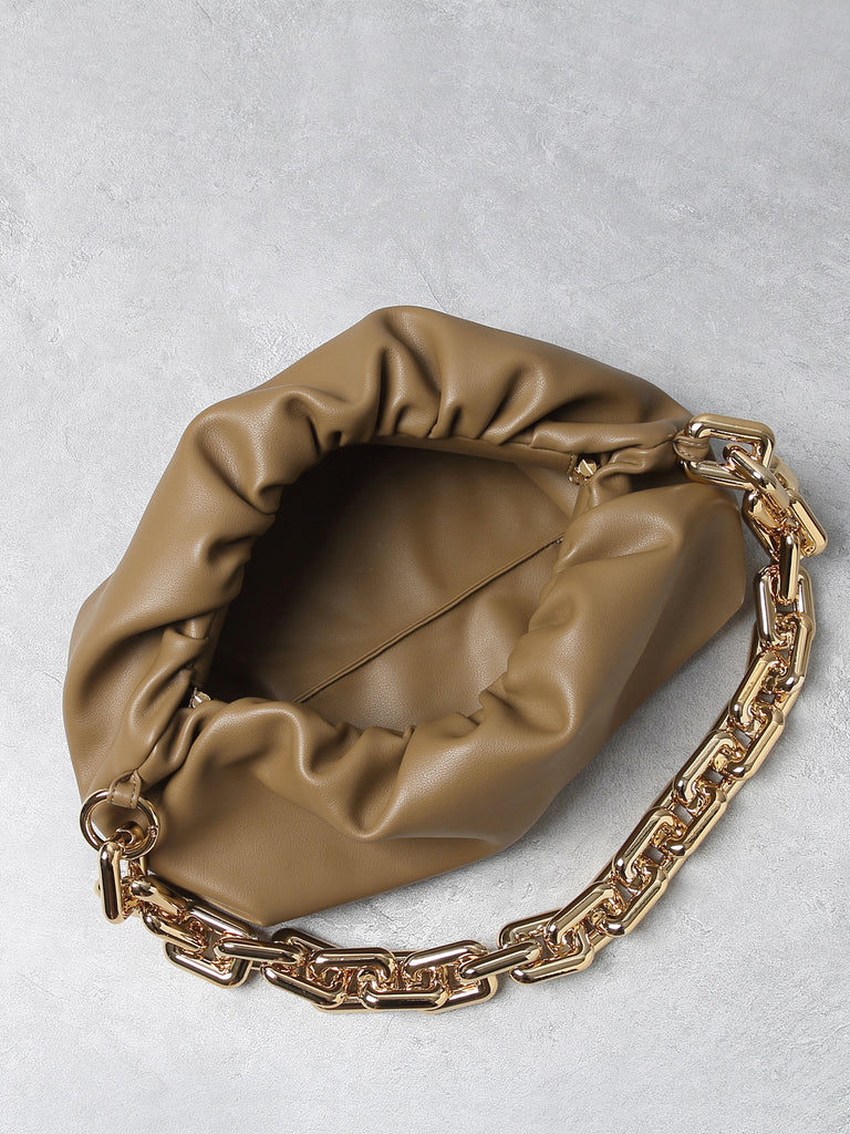 Women's Cloud Clutch Shoulder Bag Ruched Pouch Golden Chunky Chain Bag - POPBAE