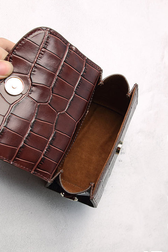 Women's Crocodile Embossed Mini Handbag Croc-Effect Leather Tote Bag Top Handle - POPBAE