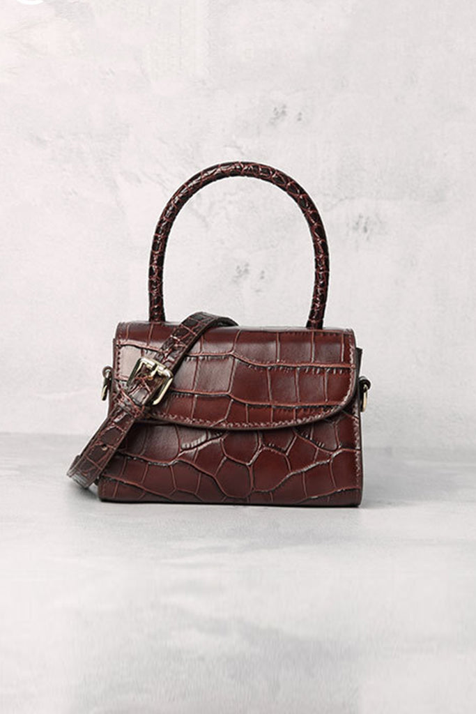 Women's Crocodile Embossed Mini Handbag Croc-Effect Leather Tote Bag Top Handle - POPBAE