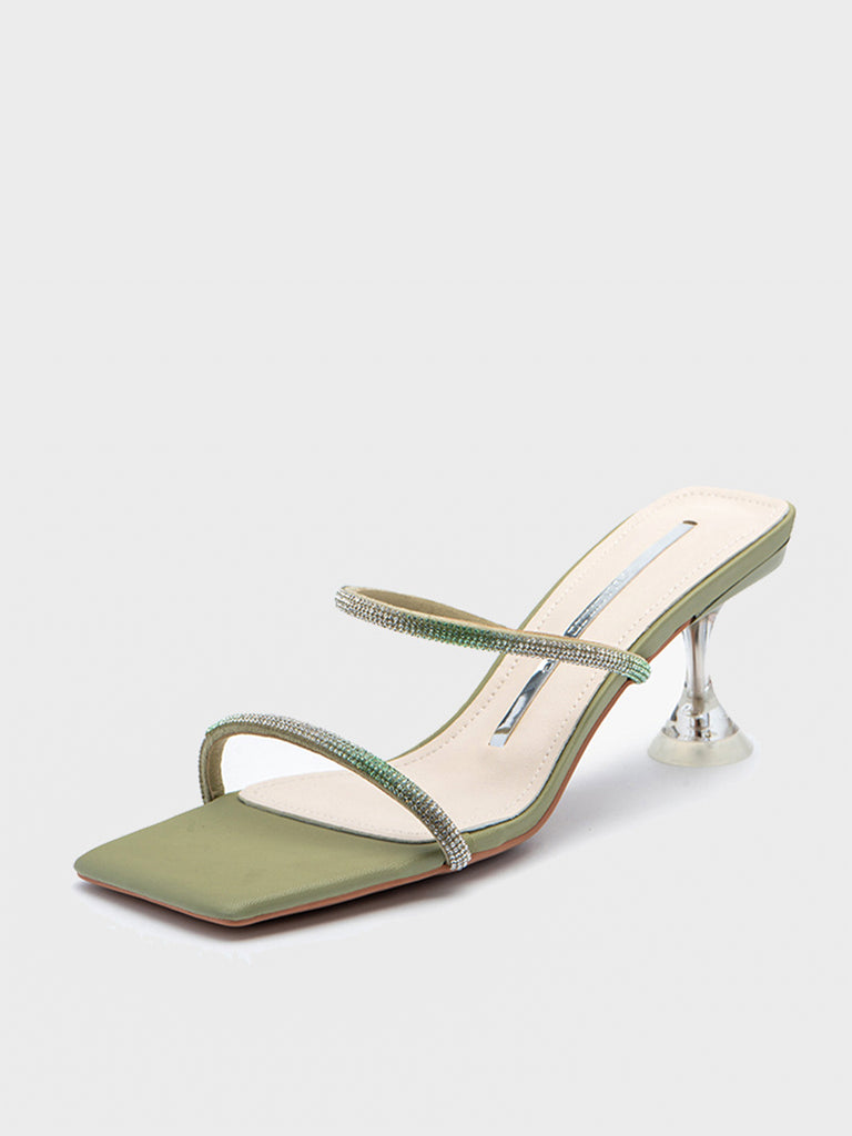 Square Peep Toe Rhinestone Mules Transparent Kitten Heel Sandals - POPBAE