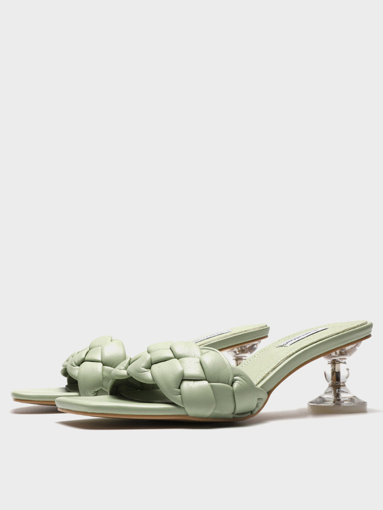 Square Peep Toe Padded Mules Chunky Braid Heels Clear Kitten Heeled Sandal - POPBAE