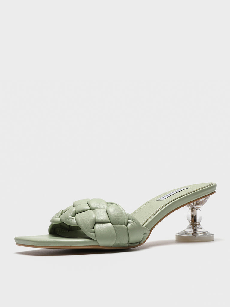 Square Peep Toe Padded Mules Chunky Braid Heels Clear Kitten Heeled Sandal - POPBAE