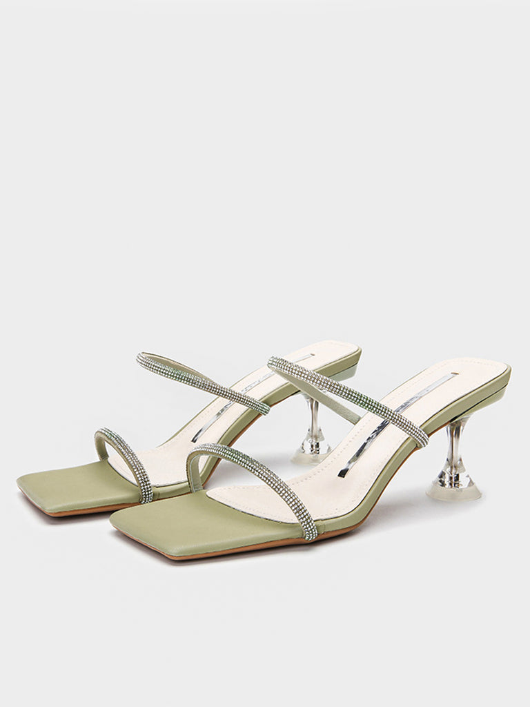 Square Peep Toe Rhinestone Mules Transparent Kitten Heel Sandals - POPBAE