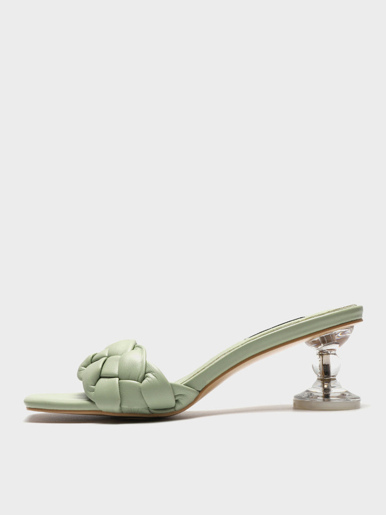 Square Peep Toe Padded Mules Chunky Braid Heels Clear Kitten Heeled Sandal - POPBAE