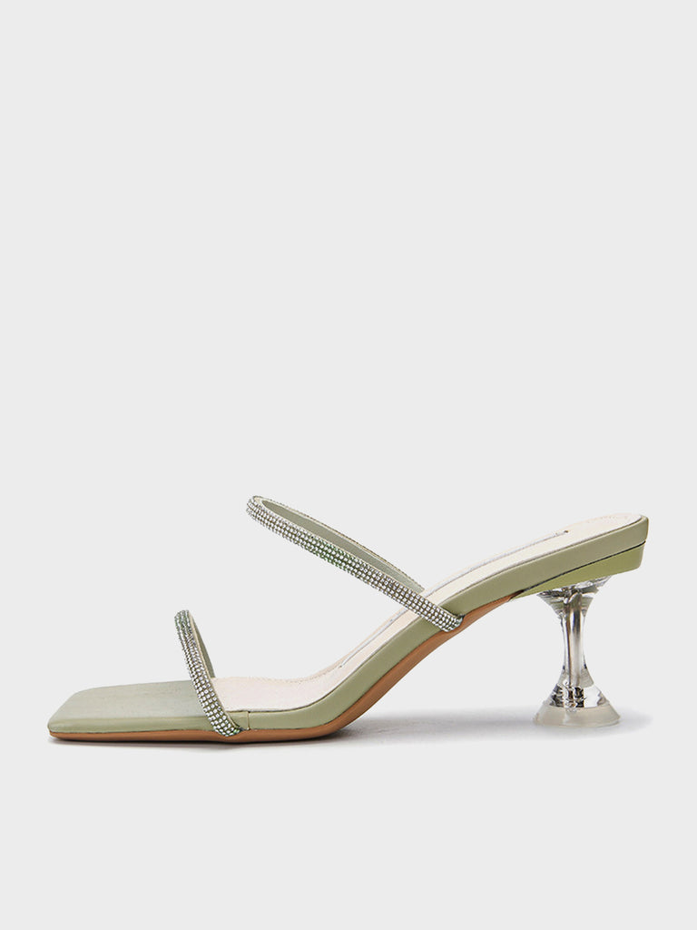 Square Peep Toe Rhinestone Mules Transparent Kitten Heel Sandals - POPBAE