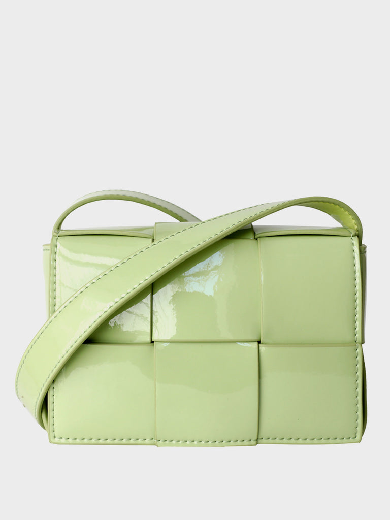 Mini Square Padded Cassette Bag Woven Patent Leather Shoulder Bag Crossbody Handbag - POPBAE