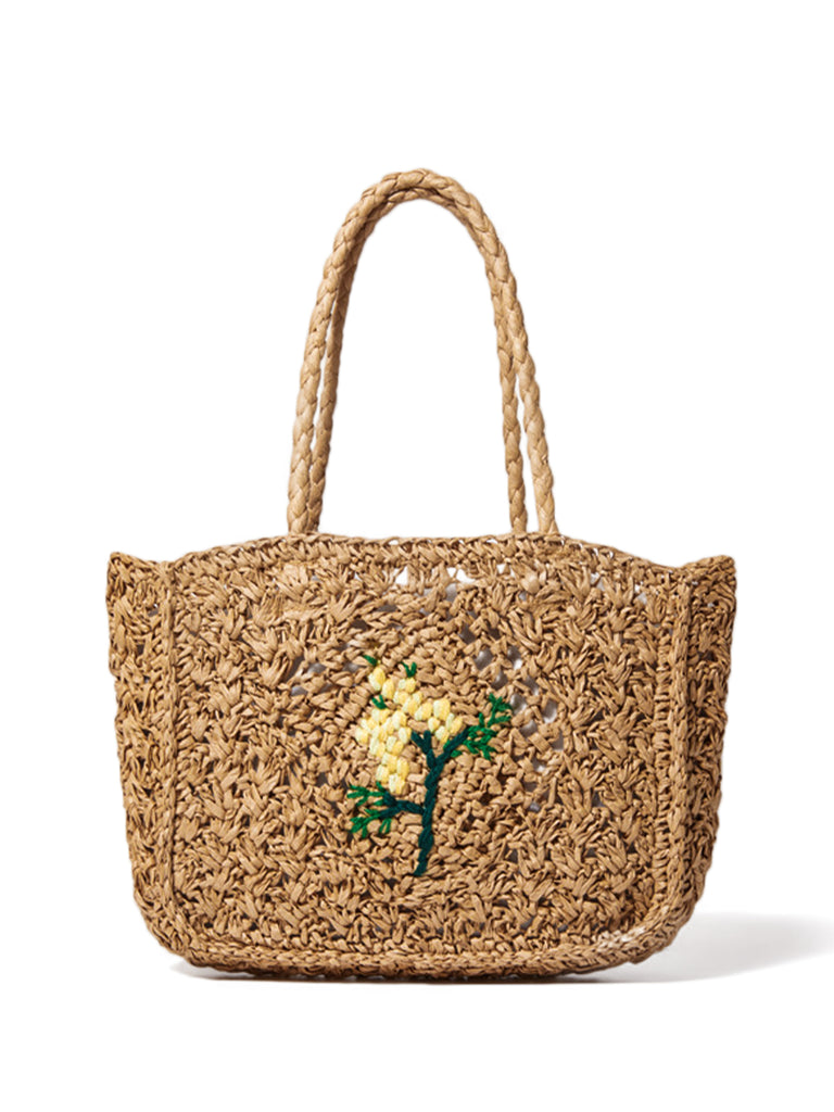 Summer Straw Braided Bag Open-top Bucket Handbag Tote Bag Flower Detail - POPBAE