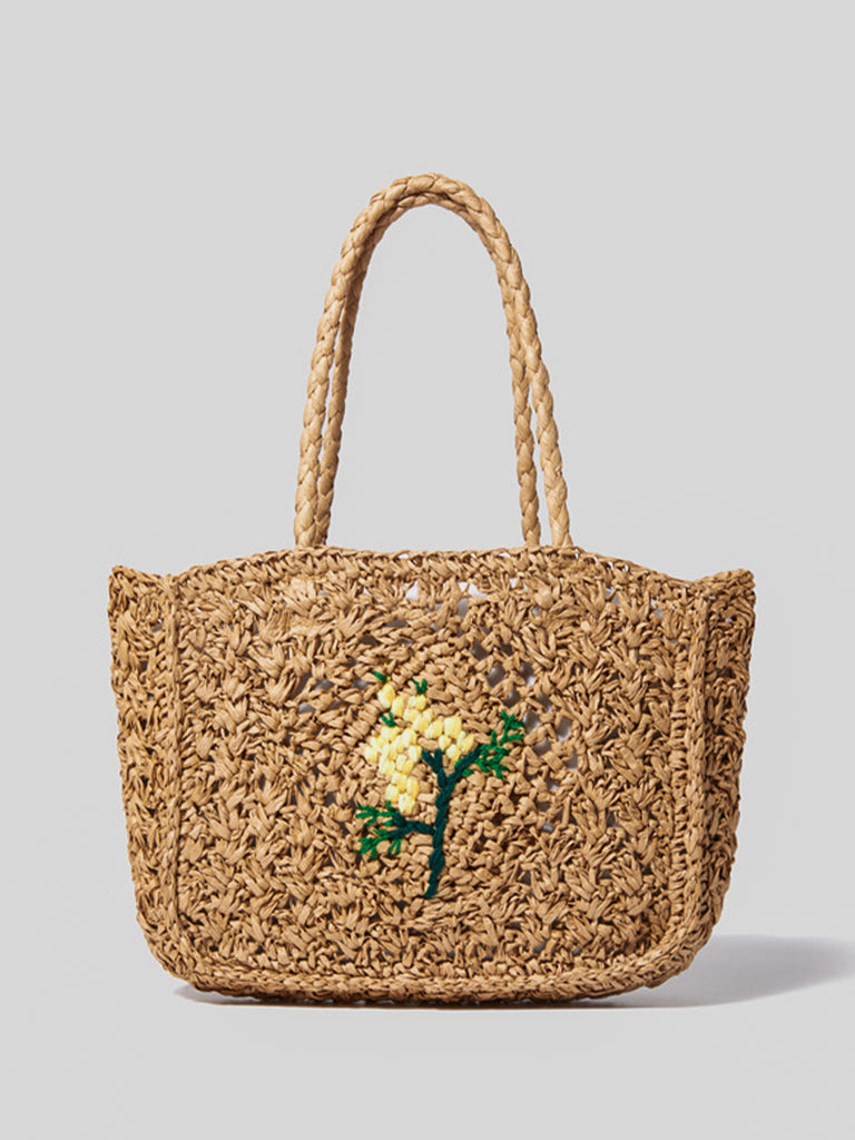 Summer Straw Braided Bag Open-top Bucket Handbag Tote Bag Flower Detail - POPBAE
