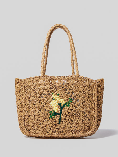 Summer Straw Braided Bag Open-top Bucket Handbag Tote Bag Flower Detail - POPBAE