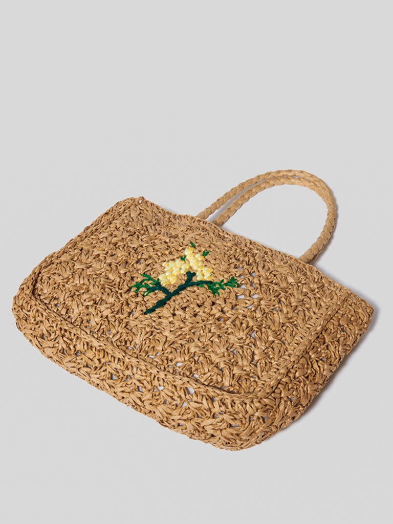 Summer Straw Braided Bag Open-top Bucket Handbag Tote Bag Flower Detail - POPBAE