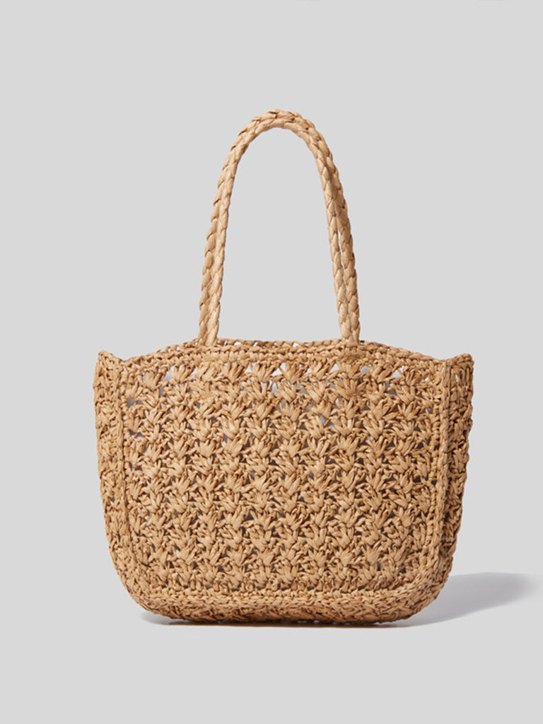 Summer Straw Braided Bag Open-top Bucket Handbag Tote Bag Flower Detail - POPBAE