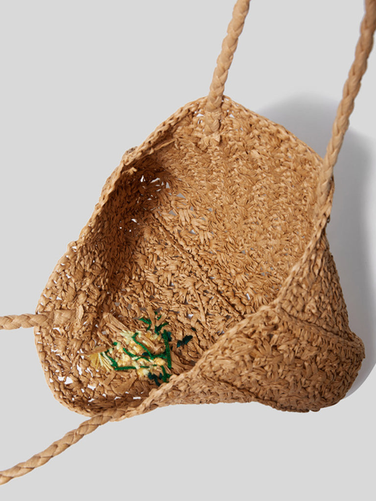 Summer Straw Braided Bag Open-top Bucket Handbag Tote Bag Flower Detail - POPBAE