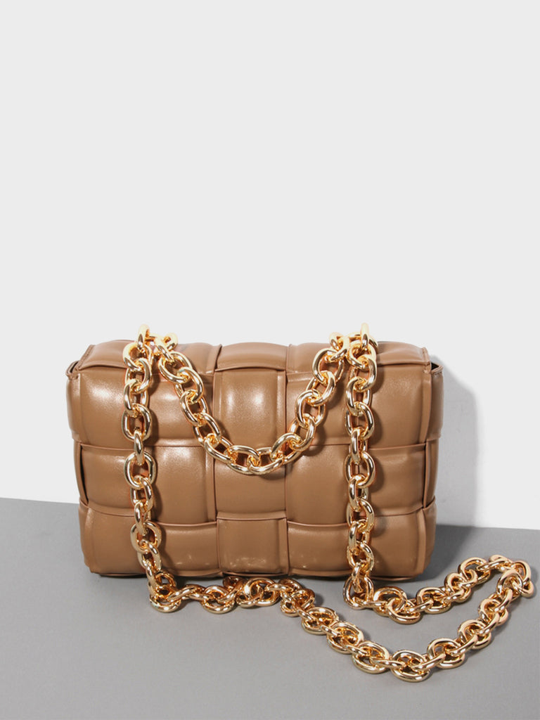 Women's Padded Bag Cassette Leather Shoulder Bag Gold Chain Woven Square Crossbody Bag - POPBAE