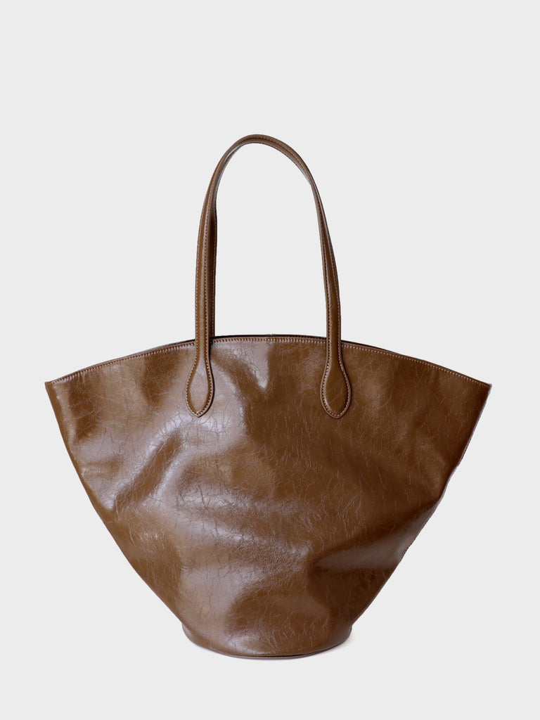Wax Leather Tote Bag Top-handle Round Bottom Shoulder Bag - POPBAE