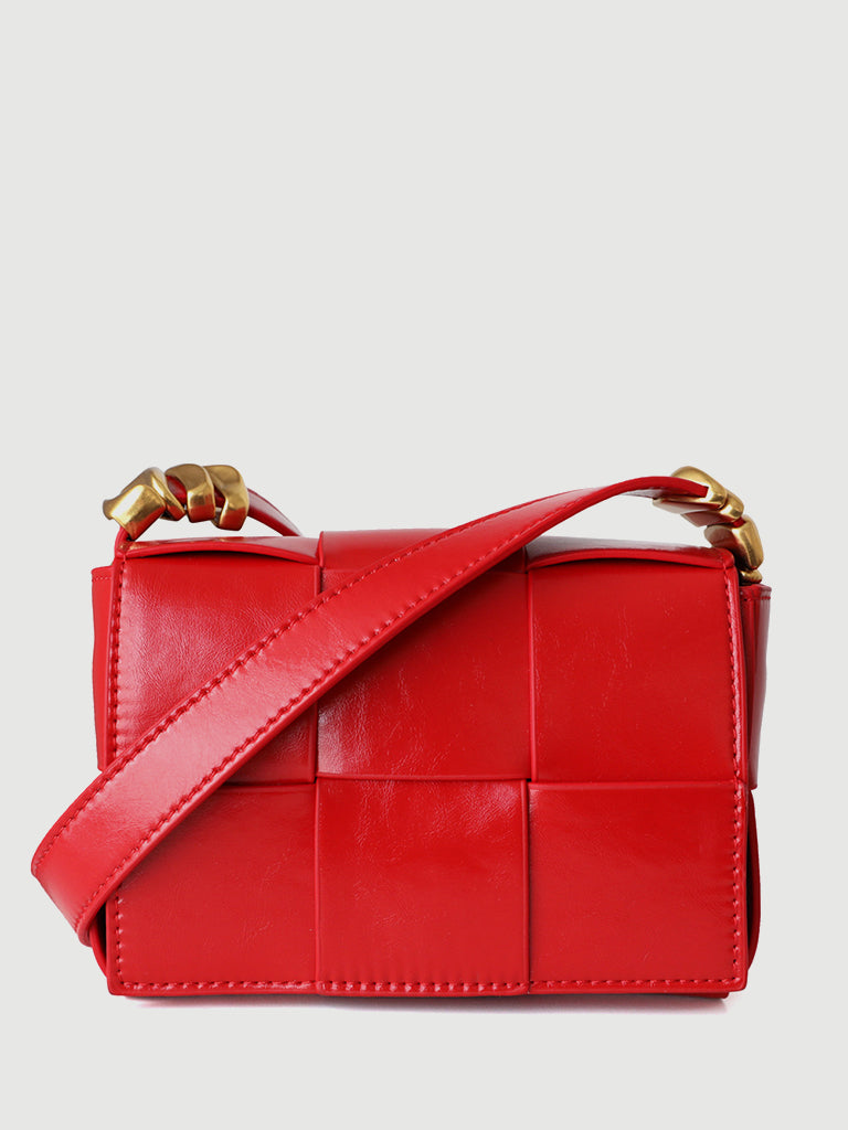 Mini Square Padded Cassette Bag Woven Leather Shoulder Bag Crossbody Handbag - POPBAE