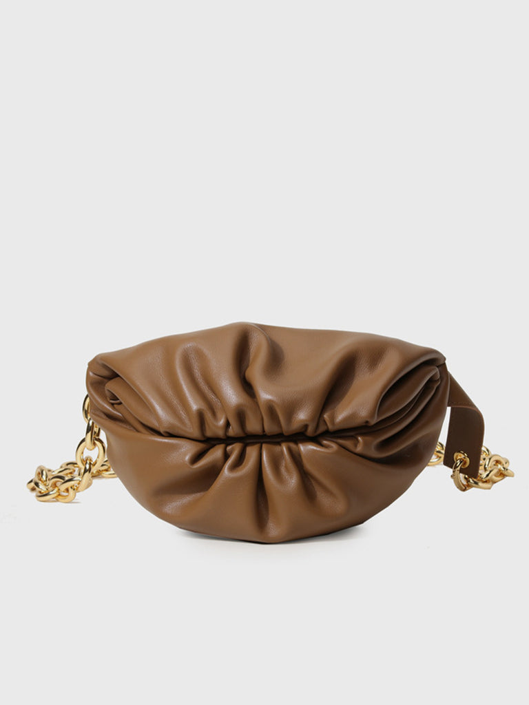 Women's Puffy Fanny Pack Cute Soft Leather Pouch Ruched Belt Bag Chunky Golden Chain - POPBAE