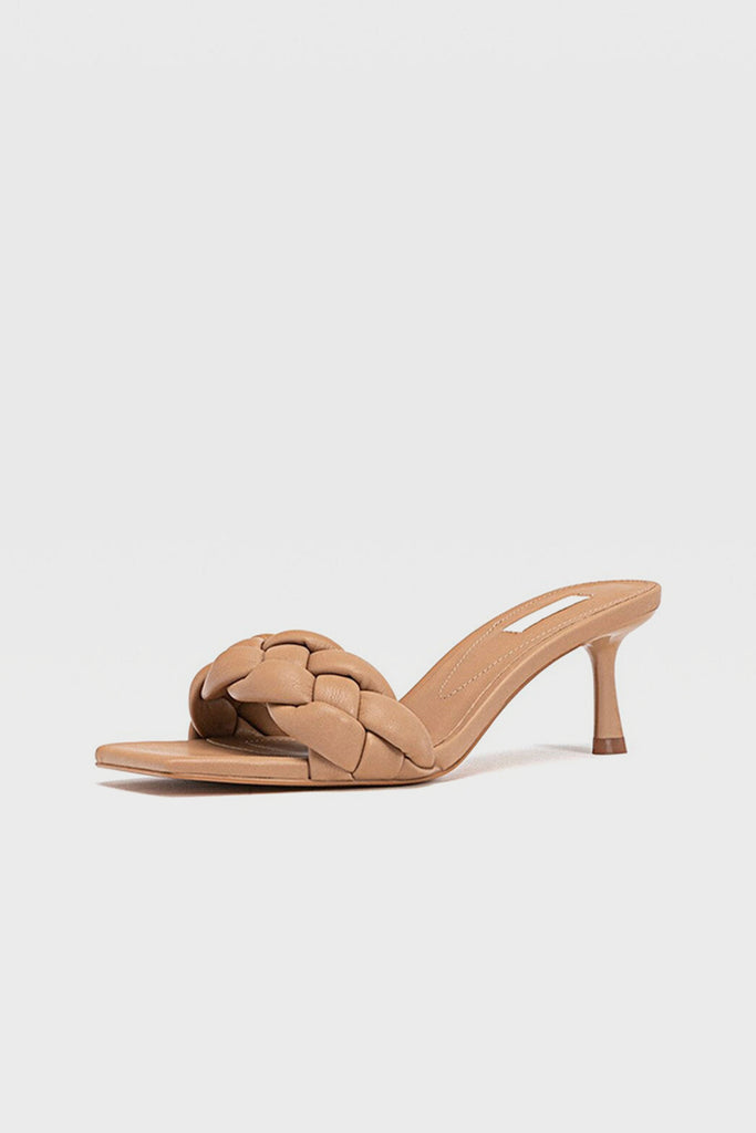 Women's Wide Fit Square Peep Toe Mules Chunky Braid Heels  Padded Kitten Sandal In Nude - POPBAE