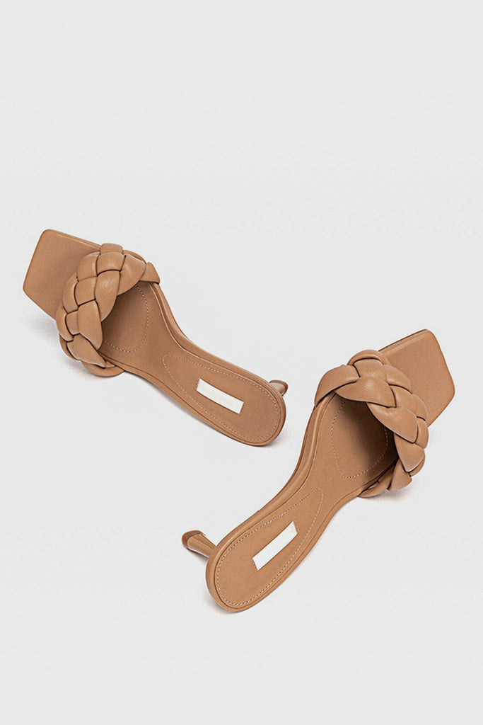 Women's Wide Fit Square Peep Toe Mules Chunky Braid Heels  Padded Kitten Sandal In Nude - POPBAE