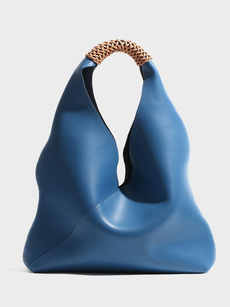 Leather V Open-top Basket Handbag Bucket Tote Bag With Braided Leather Handles - POPBAE