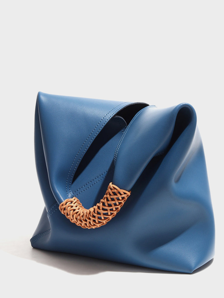 Leather V Open-top Basket Handbag Bucket Tote Bag With Braided Leather Handles - POPBAE