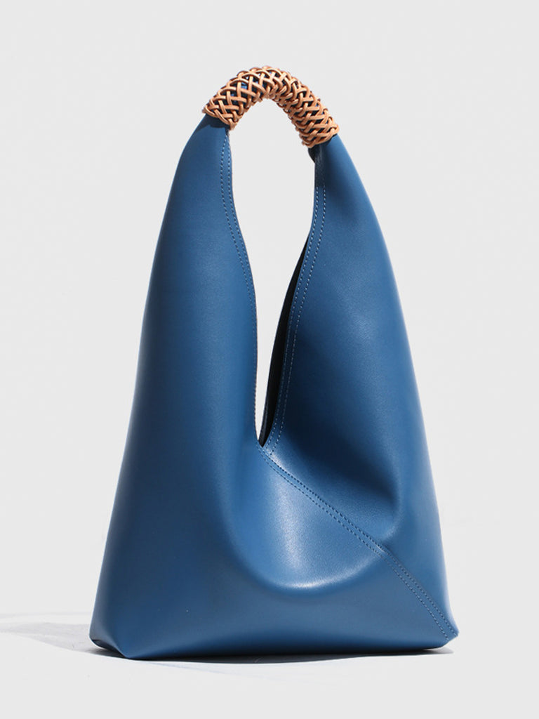 Leather V Open-top Basket Handbag Bucket Tote Bag With Braided Leather Handles - POPBAE