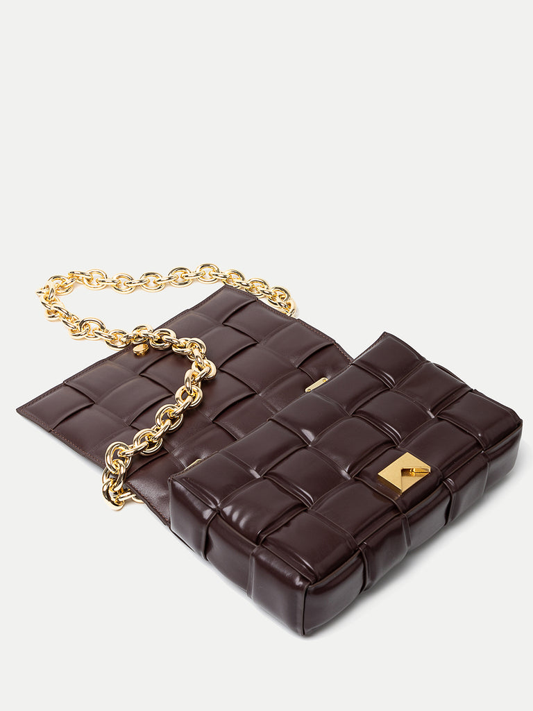 Women's Padded Bag Cassette Leather Shoulder Bag Gold Chain Woven Square Crossbody Bag - POPBAE