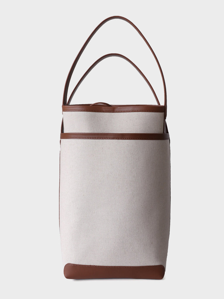 Leather Linen Open-top Bucket Bag Top Handle Tote Bag - POPBAE