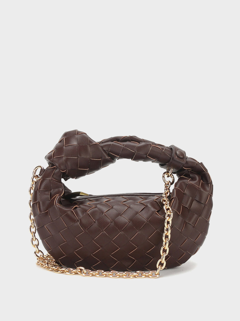 Woven Leather Jodie Tote Bag Top Handle Shoulder Bag Braiding Clutch Gold Chain - POPBAE