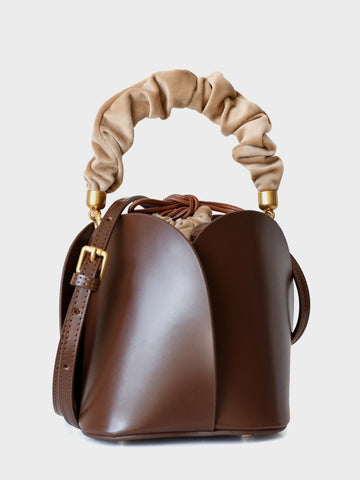Flower Shape Ruched Top Handle Bucket Bag Open-top Drawstring Leather Clutch - POPBAE