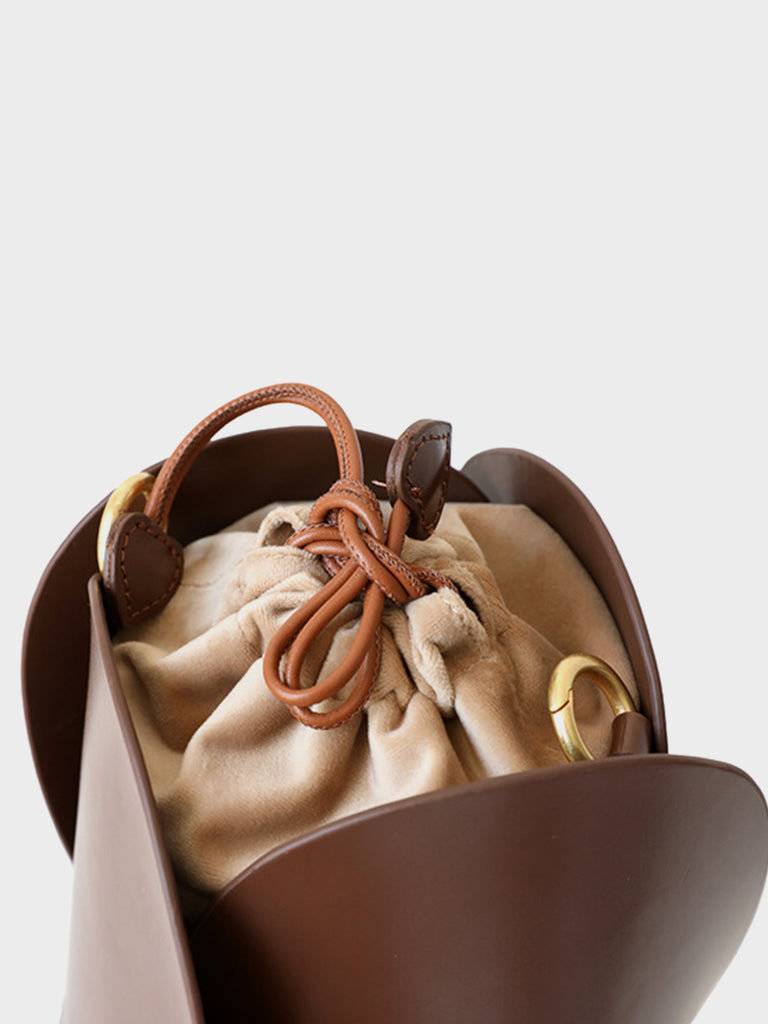 Gathered Leather Bag Drawstring Dark Brown Worn Leather Bag 