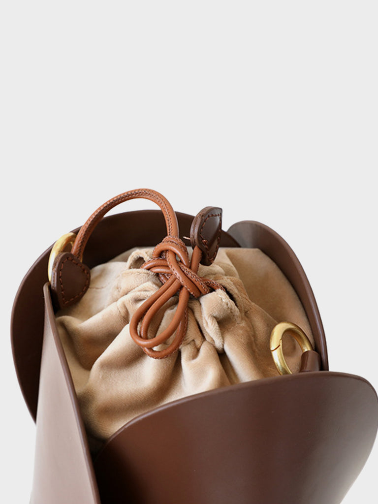 Flower Shape Ruched Top Handle Bucket Bag Open-top Drawstring Leather Clutch - POPBAE
