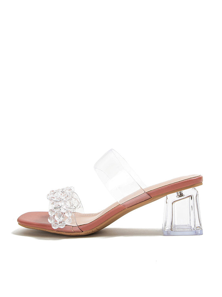 Beaded Clear Block Heeled Sandals - POPBAE